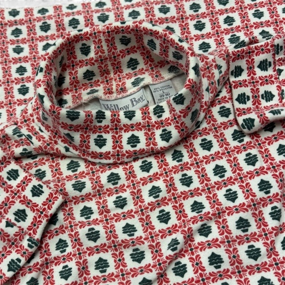Vintage Y2K Willow‎ Bay Turtleneck Red Green Christmas Tree Print Womens Large